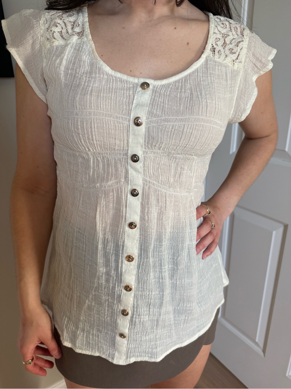 Dainty Cottagecore Fairy Boho Mine Flowy Festival Button Lace Short Sleeve